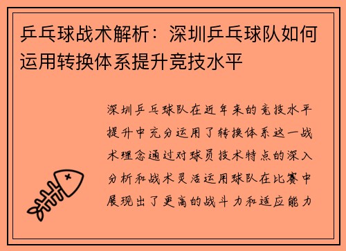 乒乓球战术解析：深圳乒乓球队如何运用转换体系提升竞技水平
