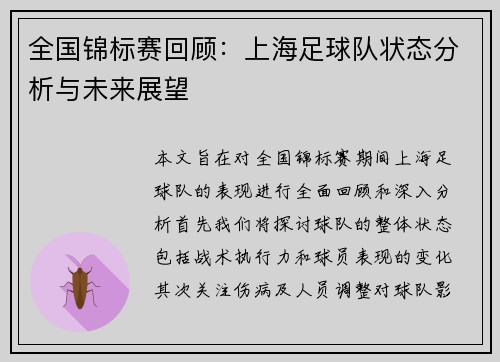 全国锦标赛回顾：上海足球队状态分析与未来展望